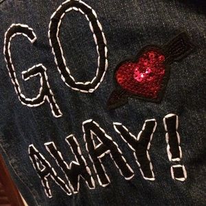 SOLD Custom Hand-Embroidered “Go Away!” Denim